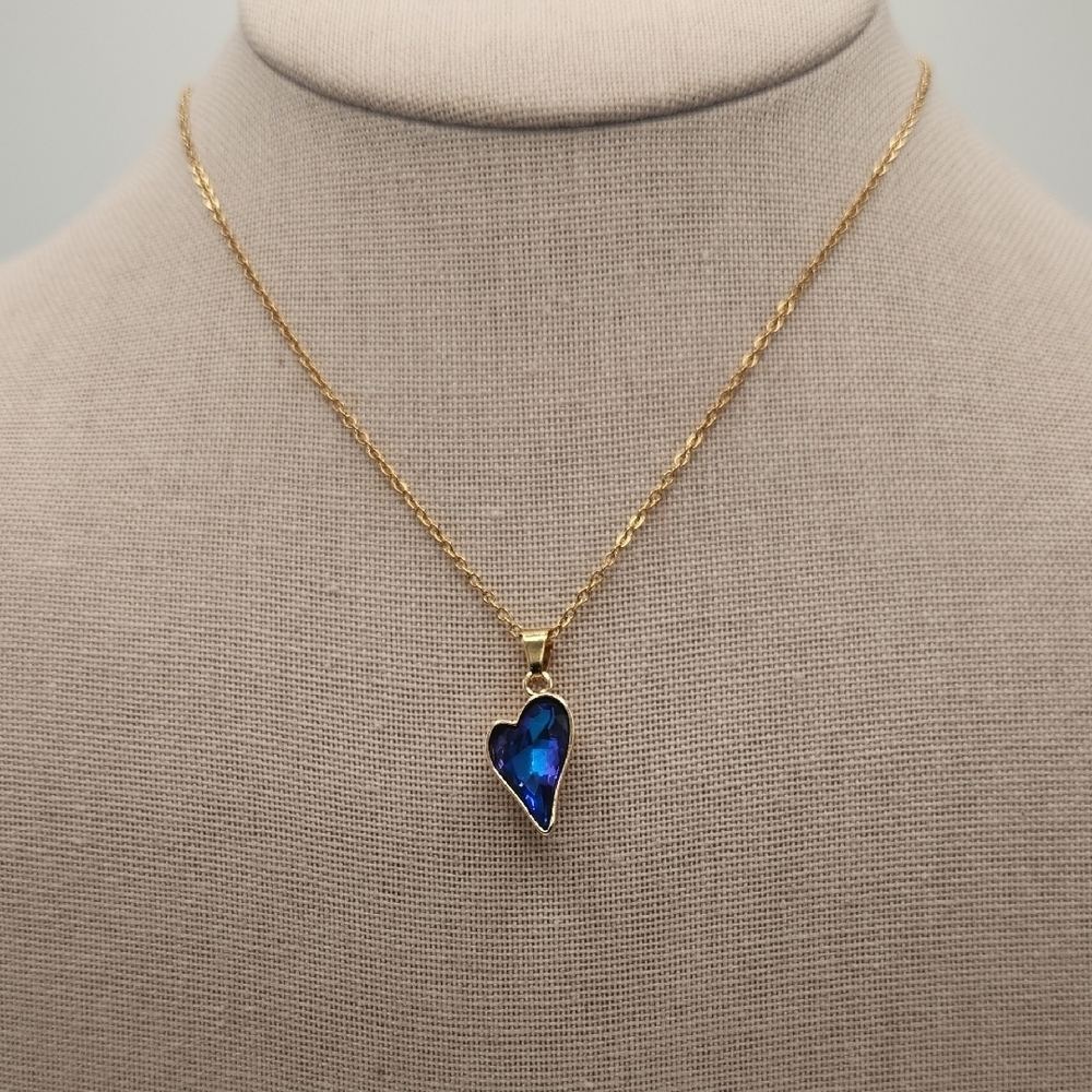 18k Gold Plated Stainless Steel Necklace, Simulated Blue Stone Heart Pendant
